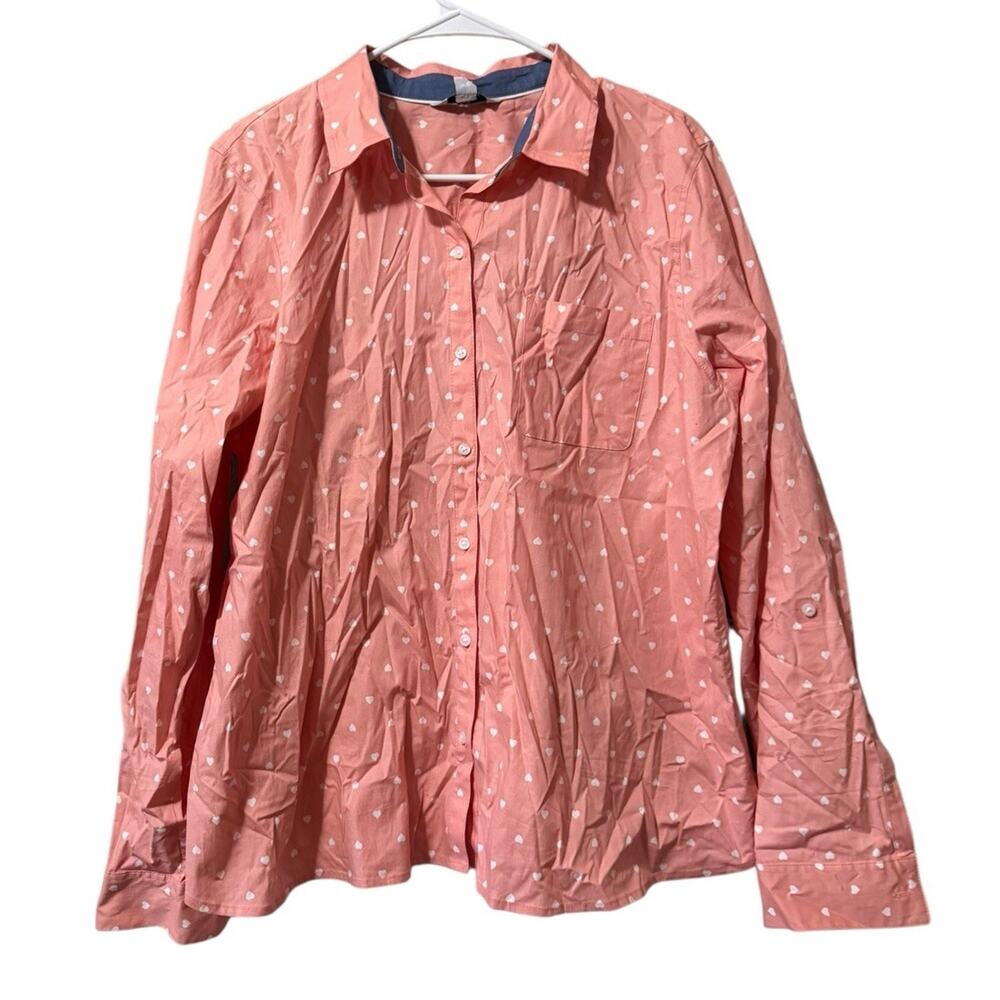Croft & Barrow Women Size XXL Pink Heart Button Down Long‎ Sleeve Shirt NWT